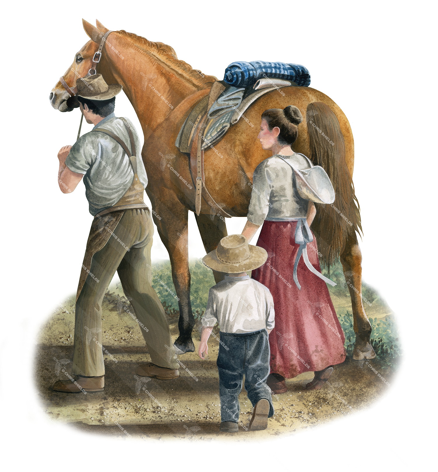 Illustration of Horse and North American pioneers (#4140)